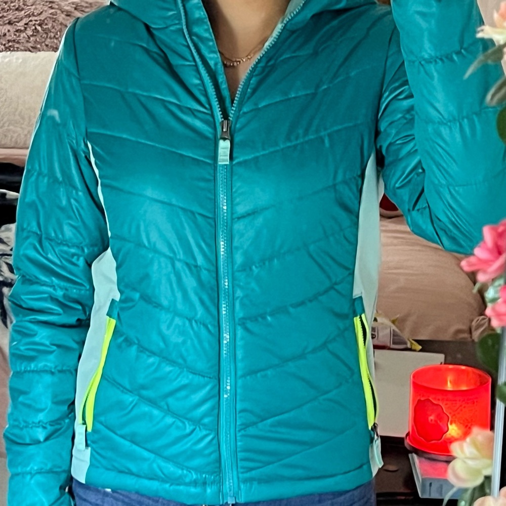 teal puffer jacket
